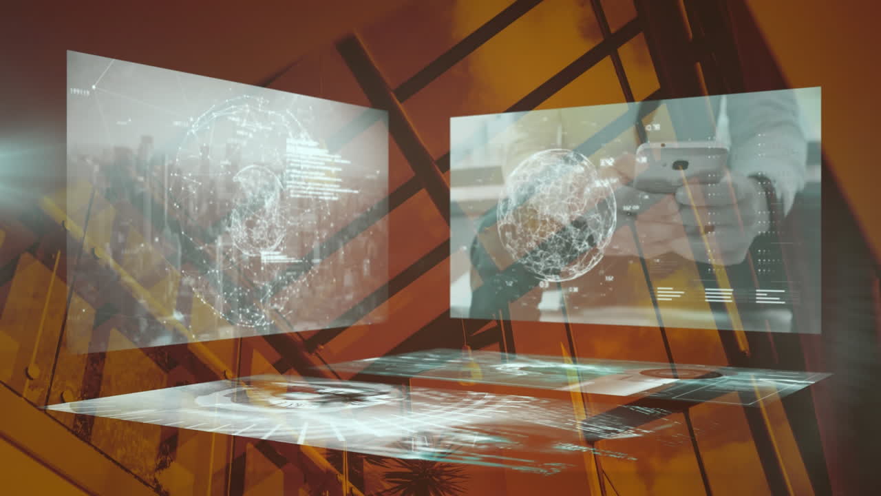 animación del procesamiento de datos en pantallas sobre el paisaje urbano