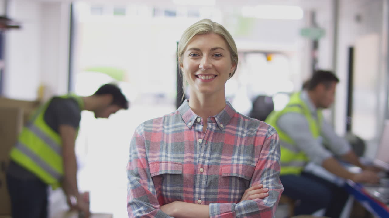 retrato de una gerente sonriente en un almacén de distribución logística