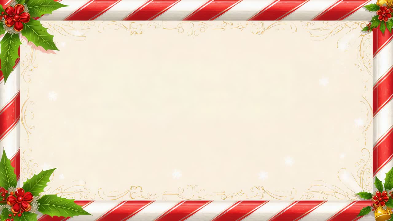 Playing festive frame showing parchment panel and striped border in template, inviting greetings