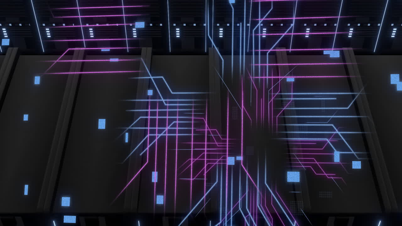 animación de procesamiento de datos digitales y placas de circuitos sobre servidores de computadoras