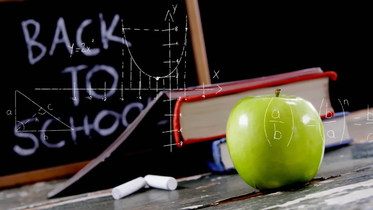 Animation of back to school text over green apple and books on black background