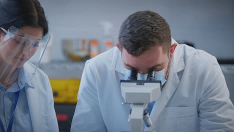 trabajadores de laboratorio masculinos y femeninos que llevan a cabo investigaciones utilizando el microscopio y anotan los resultados de las pruebas