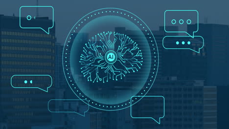 animation of ai text, human brain and digital data processing over cityscape
