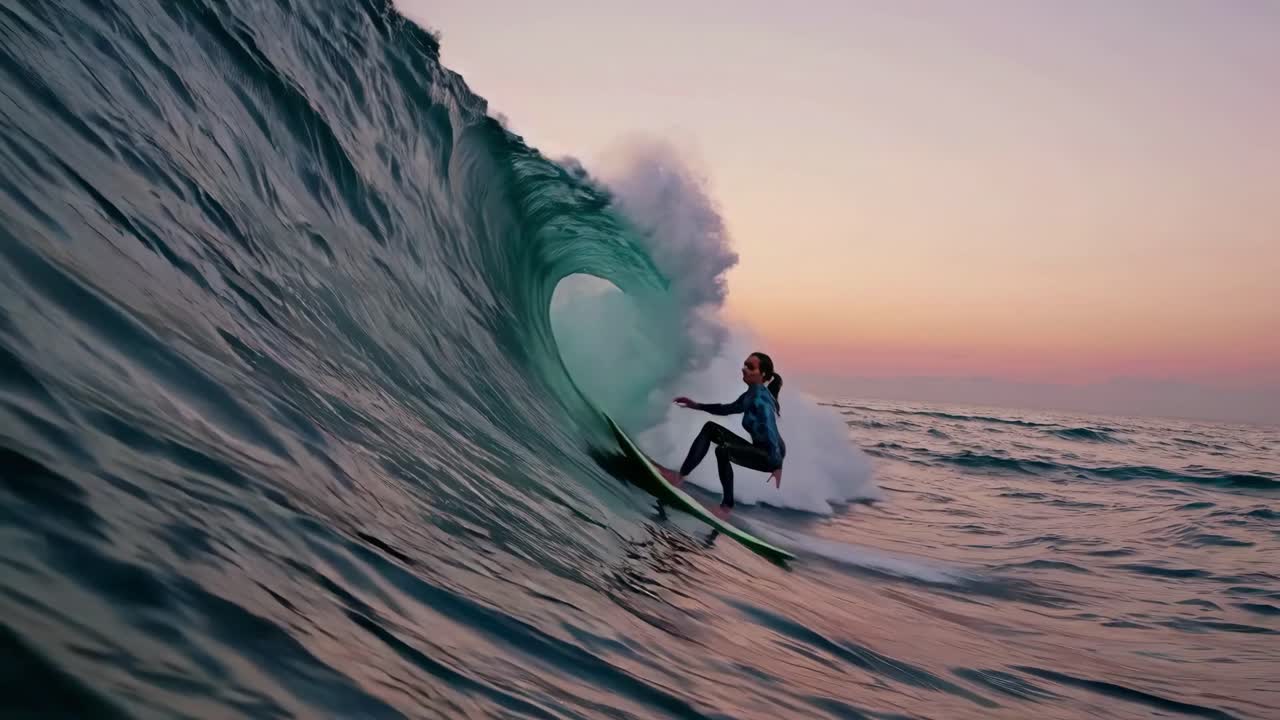 Dynamic low-angle shot of a surfer riding a wave at sunset, capturing the thrill and motion, perfect