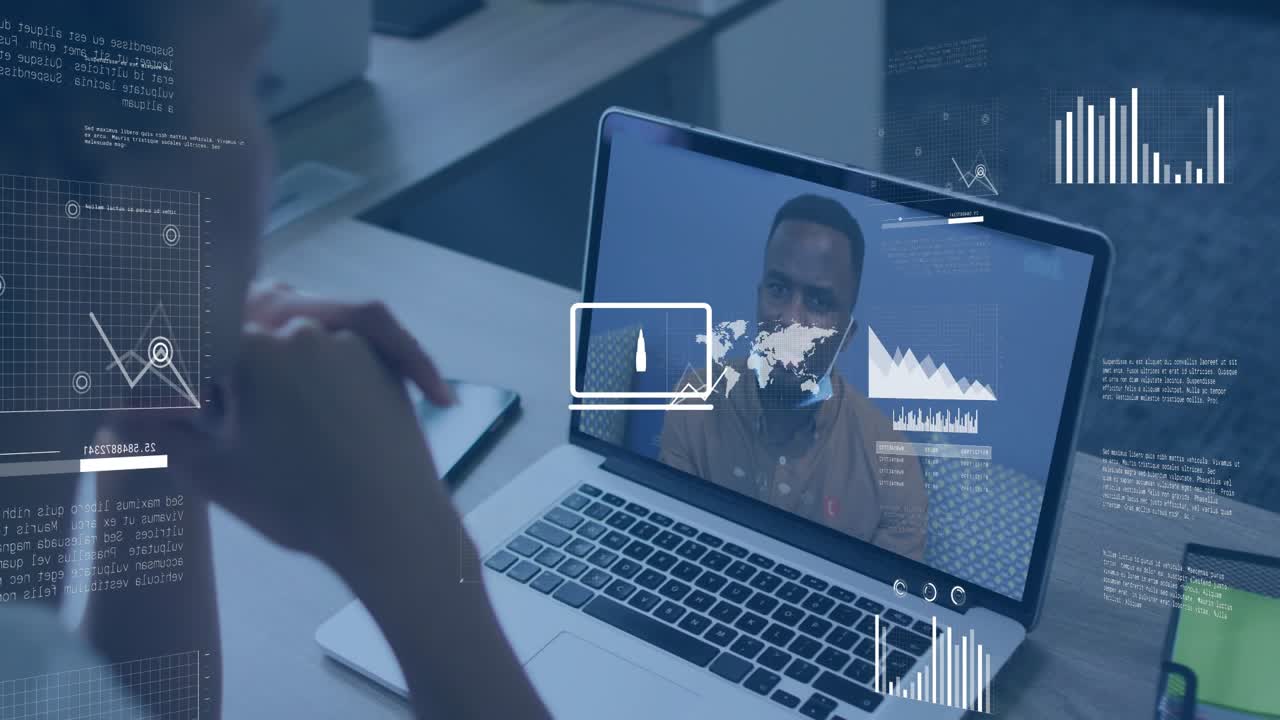 Female sitting desk taking notes as online meeting spawning data overlays illustrating presentation