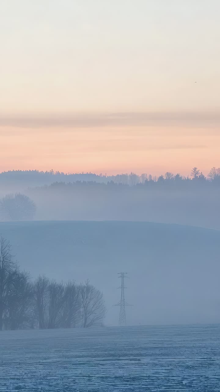Vertical video: Lifting mist over frosted field at dawn, sunrise revealing power transmission tower