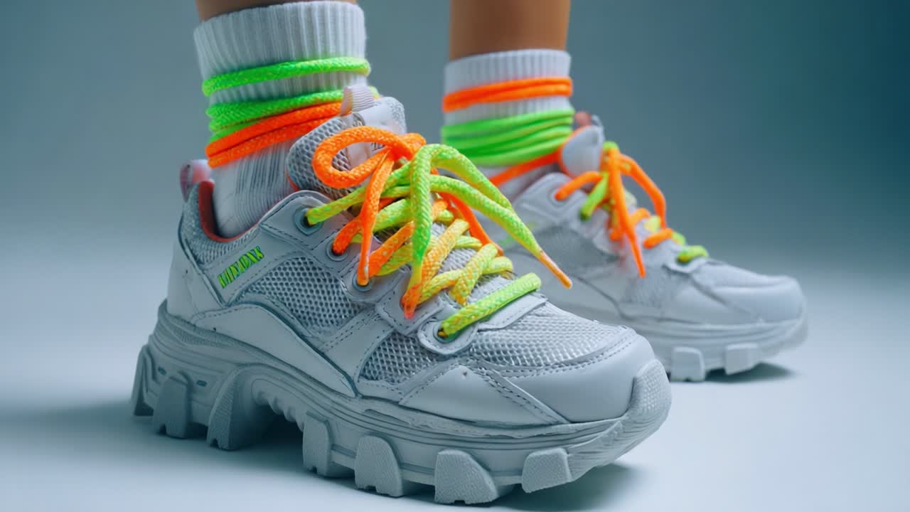 A close-up view of trendy athletic footwear showcasing vibrant neon laces and stylish socks, exemplifying modern street fashion that blends comfort with a pop of color for a youthful appeal