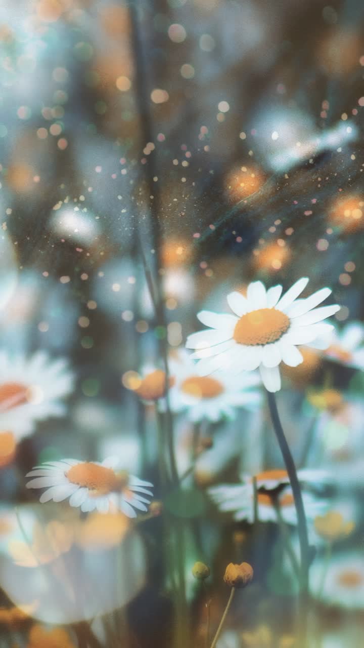 Dreamy close-up of daisies with a bokeh effect, creating a magical, ethereal atmosphere
