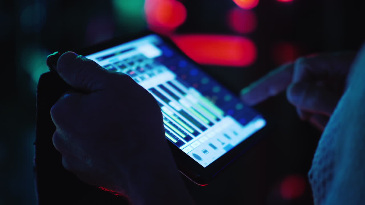 un ingeniero de sonido profesional usa una tableta cerca del escenario para controlar el sonido del grupo de música hd