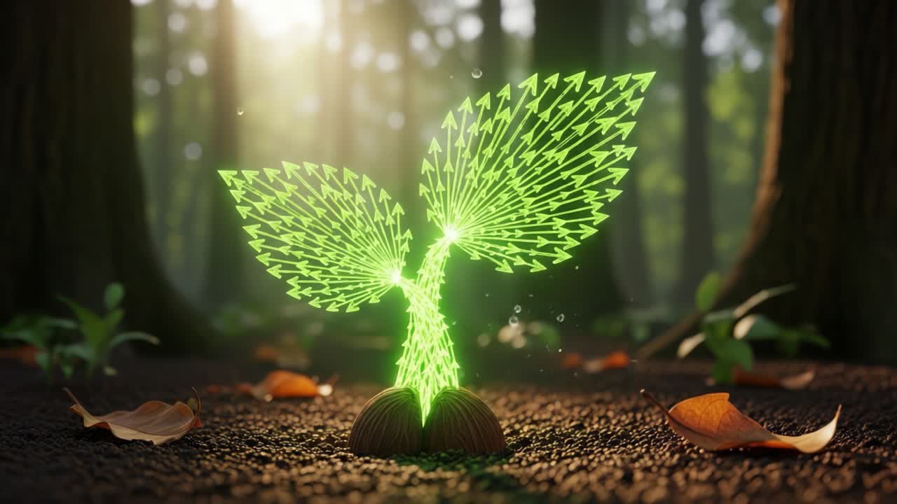 Radiant Growth: A Vibrant Visualization of Nature's Resilience and Regeneration Through the Emergence of a New Plant in a Lush Forest Environment