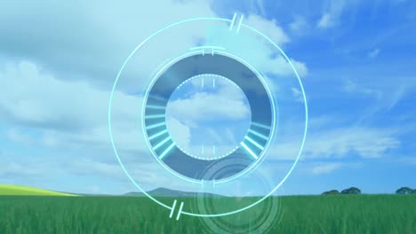 animation of clock and scope processing over countryside