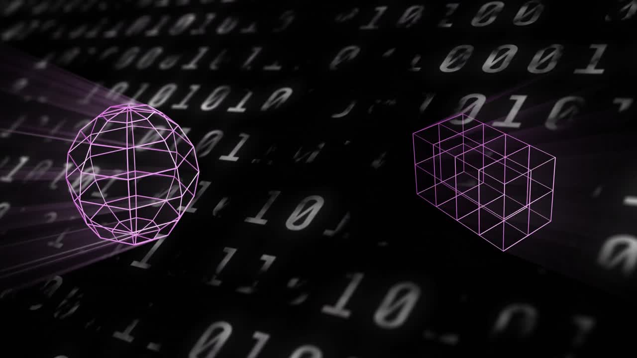 Animation of 3d pink shapes over binary coding on black background