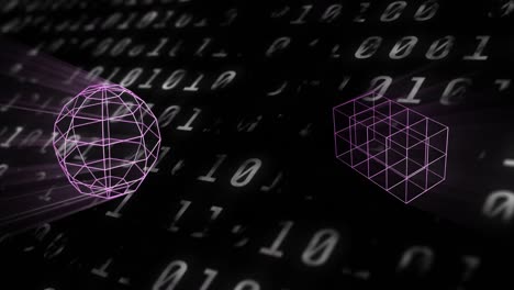 Animation-of-3d-pink-shapes-over-binary-coding-on-black-background