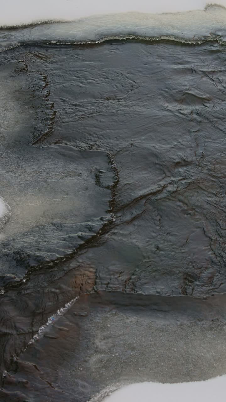 Ghiaccio che si scioglie con acqua che scorre dall'inverno alla primavera. - Ripresa verticale.