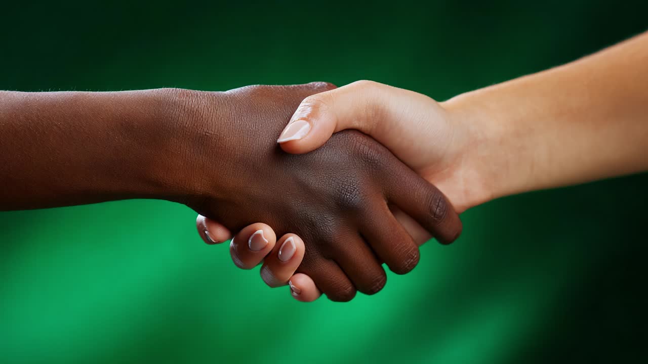 A powerful moment of unity and connection, showcasing a handshake between two individuals of different backgrounds, symbolizing friendship, collaboration, and the strength of human relationships in today's diverse world