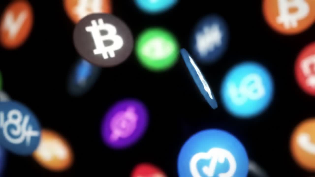 Bright colored symbols representing various cryptocurrencies float in a dark space, showcasing their significance in today's financial systems and digital economy.