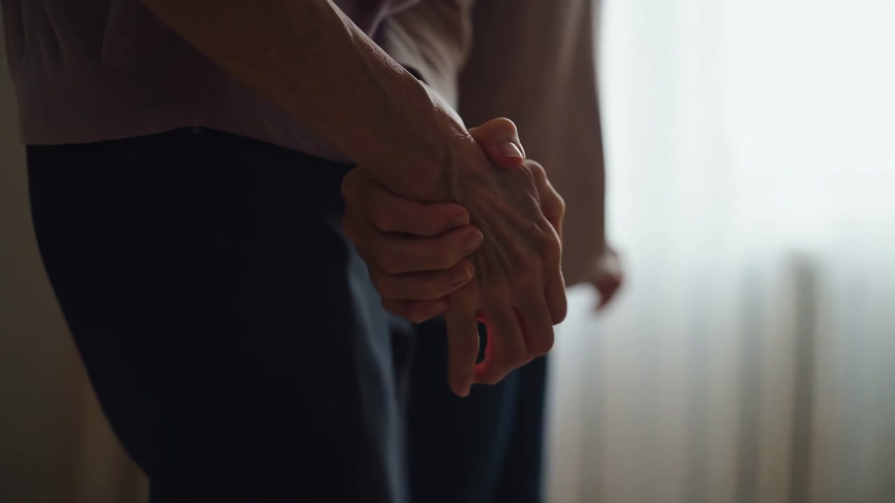 Close view of two adult hands clasped at waist level with interlaced fingers, visible tendons, soft window glow, muted tones, and gentle shadows creating calm supportive mood, with hand, clasp