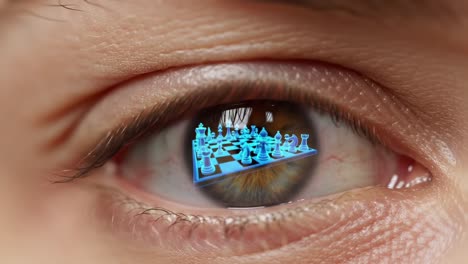 an intricate glimpse into strategy: a close-up of a human eye reflecting a futuristic chessboard with holographic pieces contemplating a battle of wits