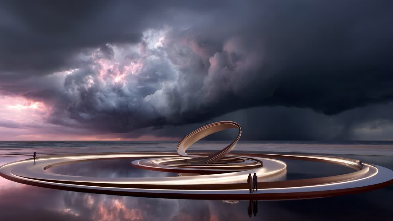 A Surreal Landscape with an Infinite Loop Structure Under Dramatic Cloudy Skies Reflecting the Colors of the Dusk, Creating a Mystical Atmosphere Inviting Reflection and Exploration