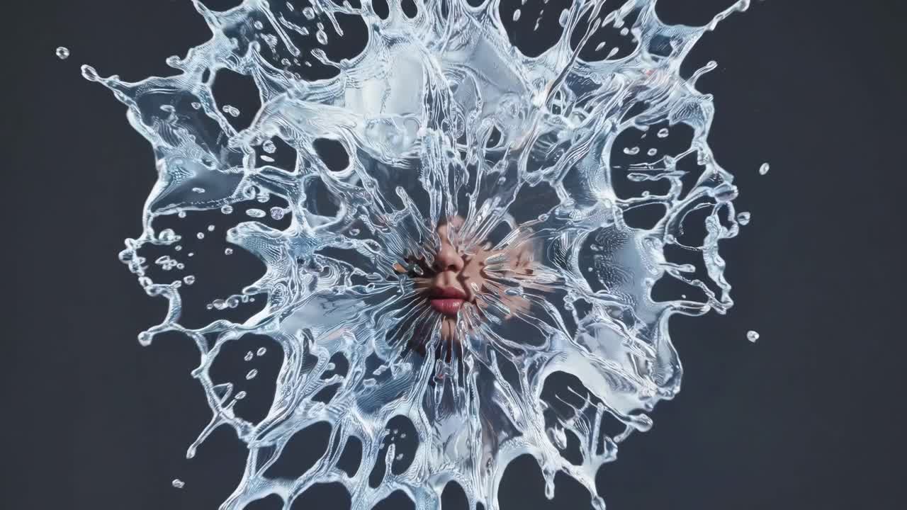 Surreal portrait of a young woman with closed eyes framed by a symmetrical crown of splashing water, creating a dreamlike and artistic composition against a dark background