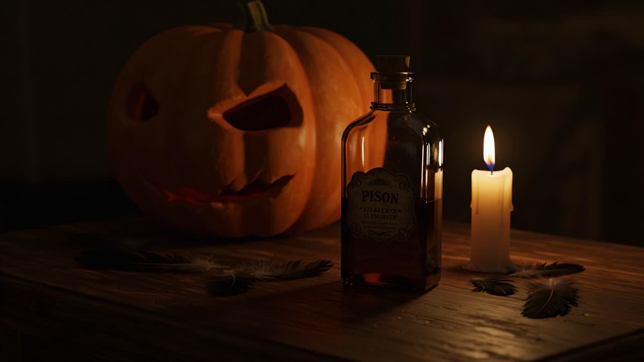 A Spooky Halloween Scene Featuring a Menacing Pumpkin, Candlelight, and a Bottle of Pison on a Wooden Table, Setting the Atmosphere for a Night of Frights and Festivities