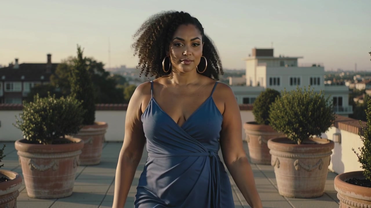 Mulher caminhando com vestido envelope posando para a câmera em um terraço entre floreiras com a câmera em movimento