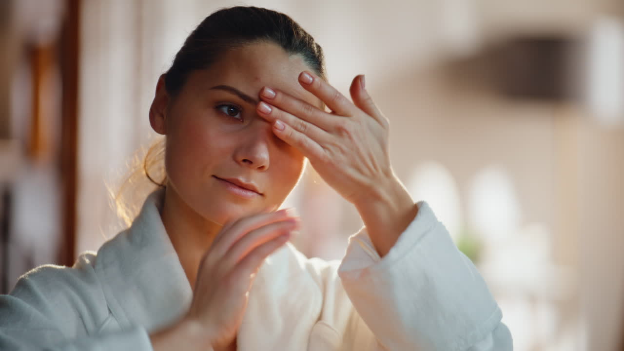 Lady making skincare procedure at home wearing white robe closeup. Smiling woman