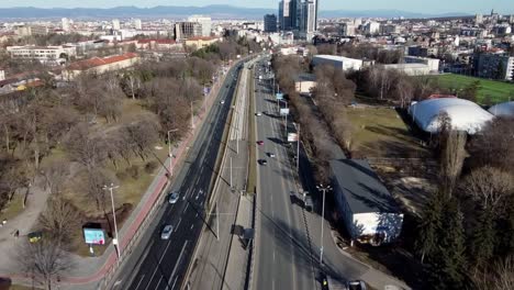 Aerial-shot-of-a-boulevard-in-Sofia,-Bulgaria