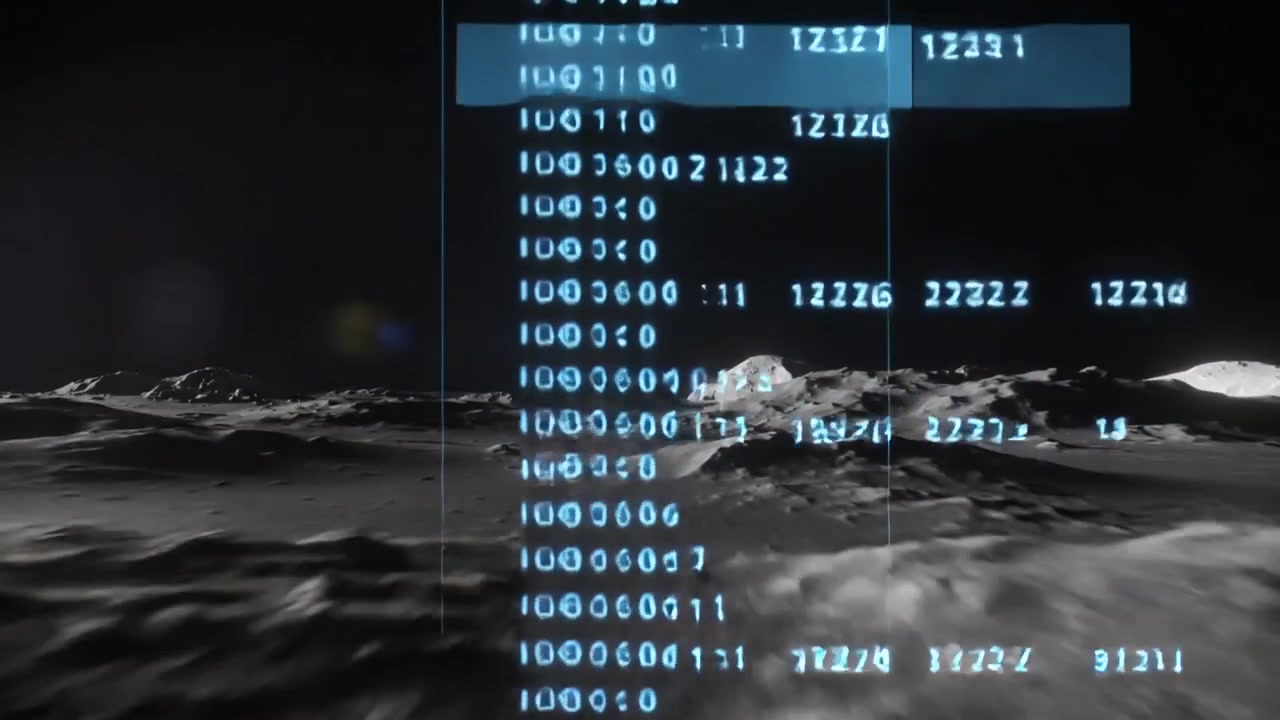 Updating cyan data column overlay scanning rows on lunar plain with highlight bar analyzing data