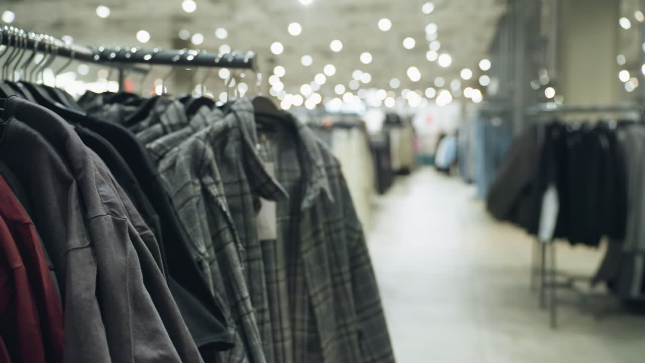 셔츠와 재을 포함한 다양한 옷을 어 놓은 옷 가게가 흐릿한 배경을 가지고 있습니다. 드 헬드 카메라로 찍은 비디오는 조직된 디스플레이를 강조합니다.