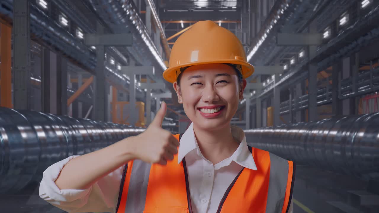 Close Up Of Asian Female Engineer With Safety Helmet Smiling And Showing Thumbs Up Gesture To The Camera While Standing With Metal Pipes