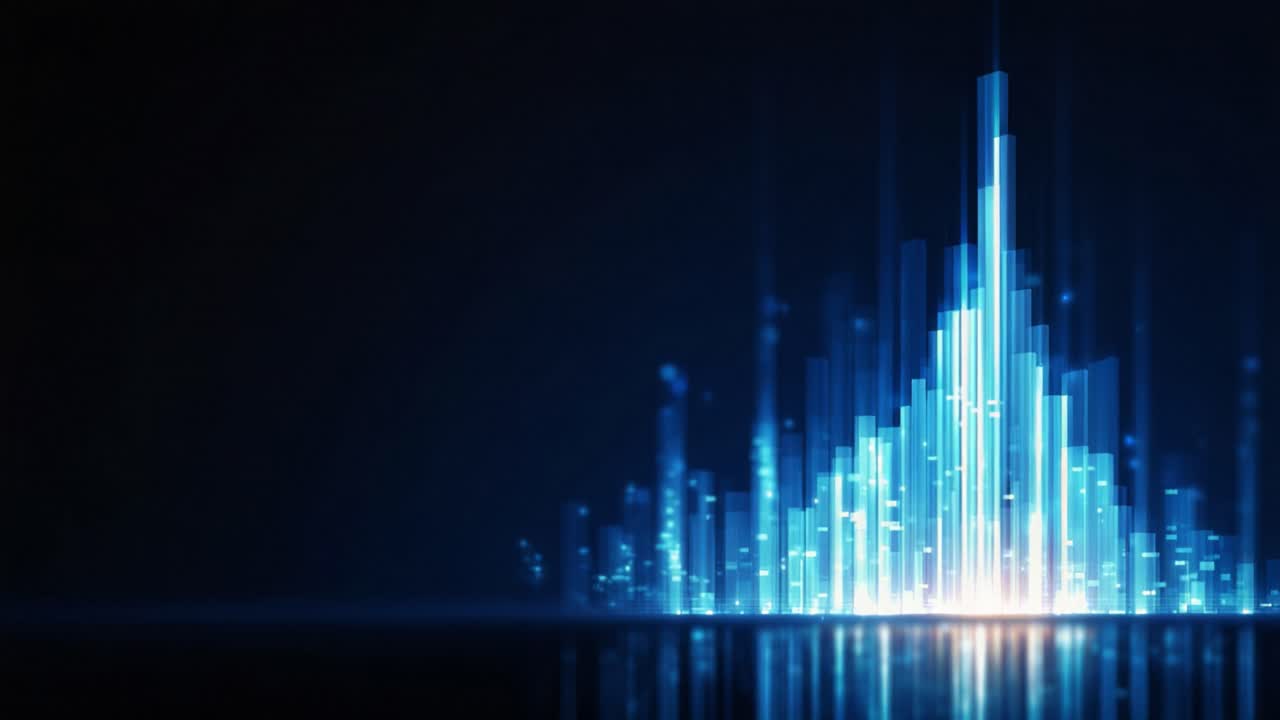 Pulsing digital audio equalizer bars or futuristic city skyline glowing in blue light, reflecting on a surface. Abstract background concept for music, sound, technology, and data visualization