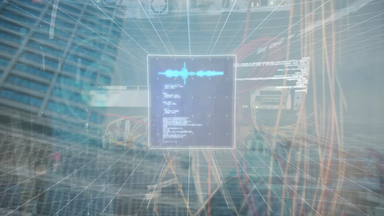 Animation of financial data processing and servers over cityscape