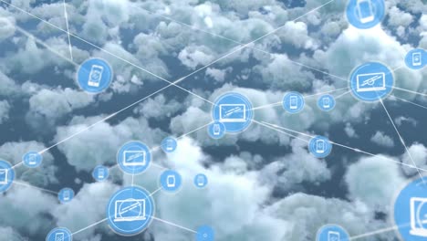 red de iconos digitales contra nubes en el cielo azul