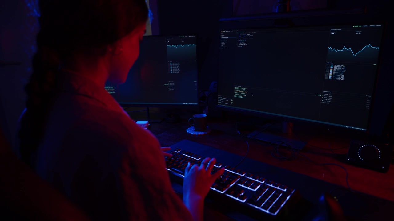 Giovane donna che programma al computer in un ufficio buio