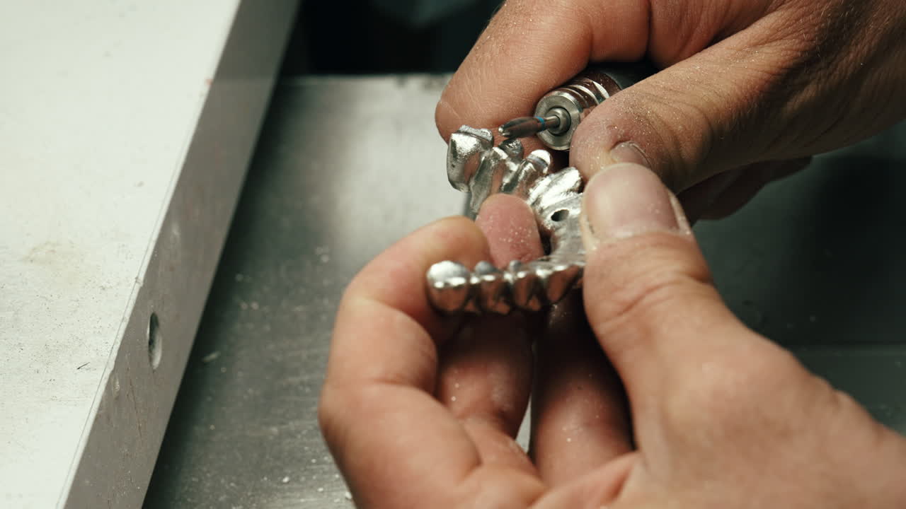 Technician modeling a full arch dental implant prosthesis in a dental lab. Close-up of hands working on prosthetic teeth, ideal for dentistry, implants, and oral health demonstrations