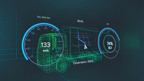 animation of speedometer over electric truck project on navy background