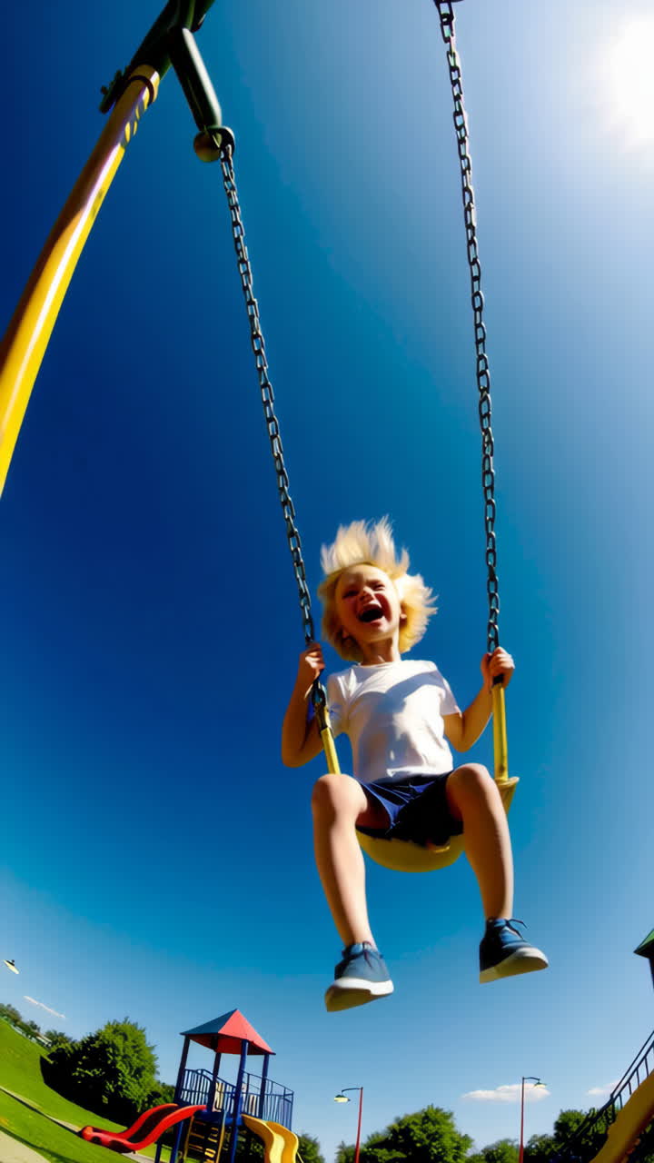 Joyful child swinging at a sunny playground