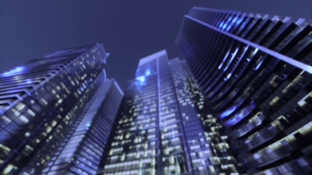 City skyline illuminated by luminous buildings under night sky