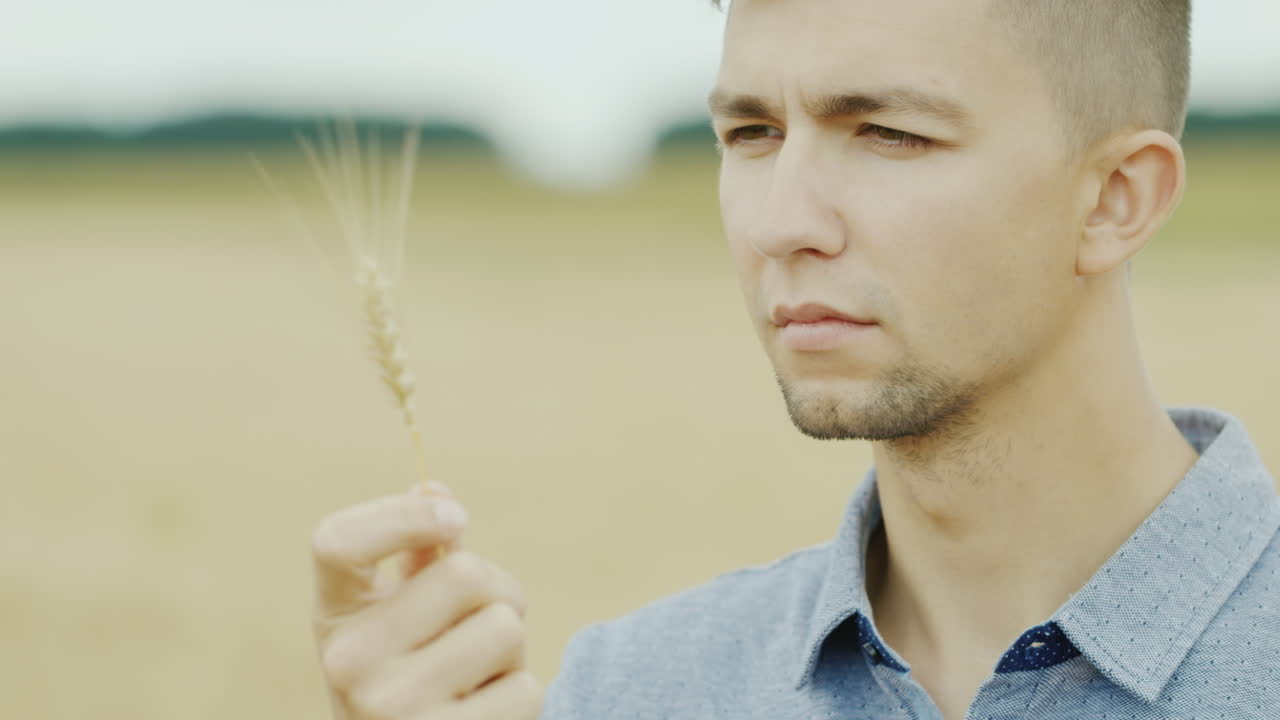 그의 손에 밀 스파이크를 들고 성공적인 젊은 농부의 초상화