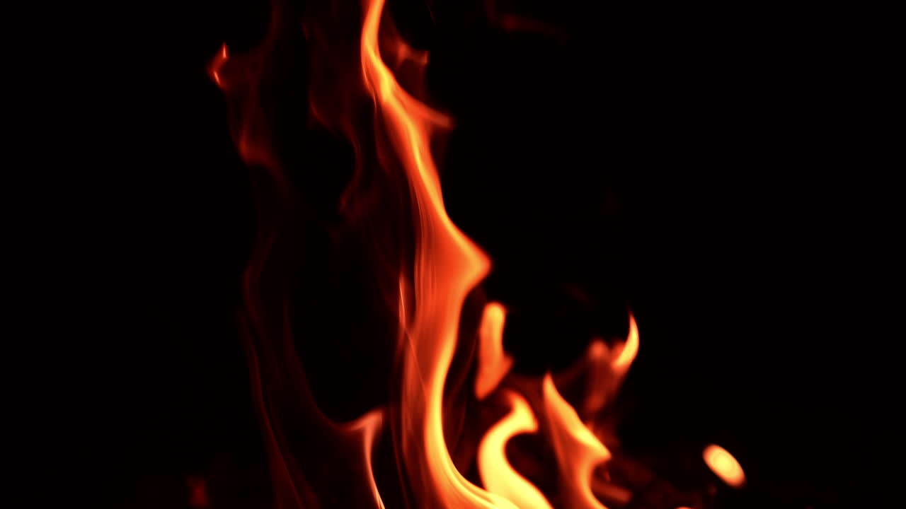 Long tongues of flame licking the darkness. Isolated campfire burning. Close up.