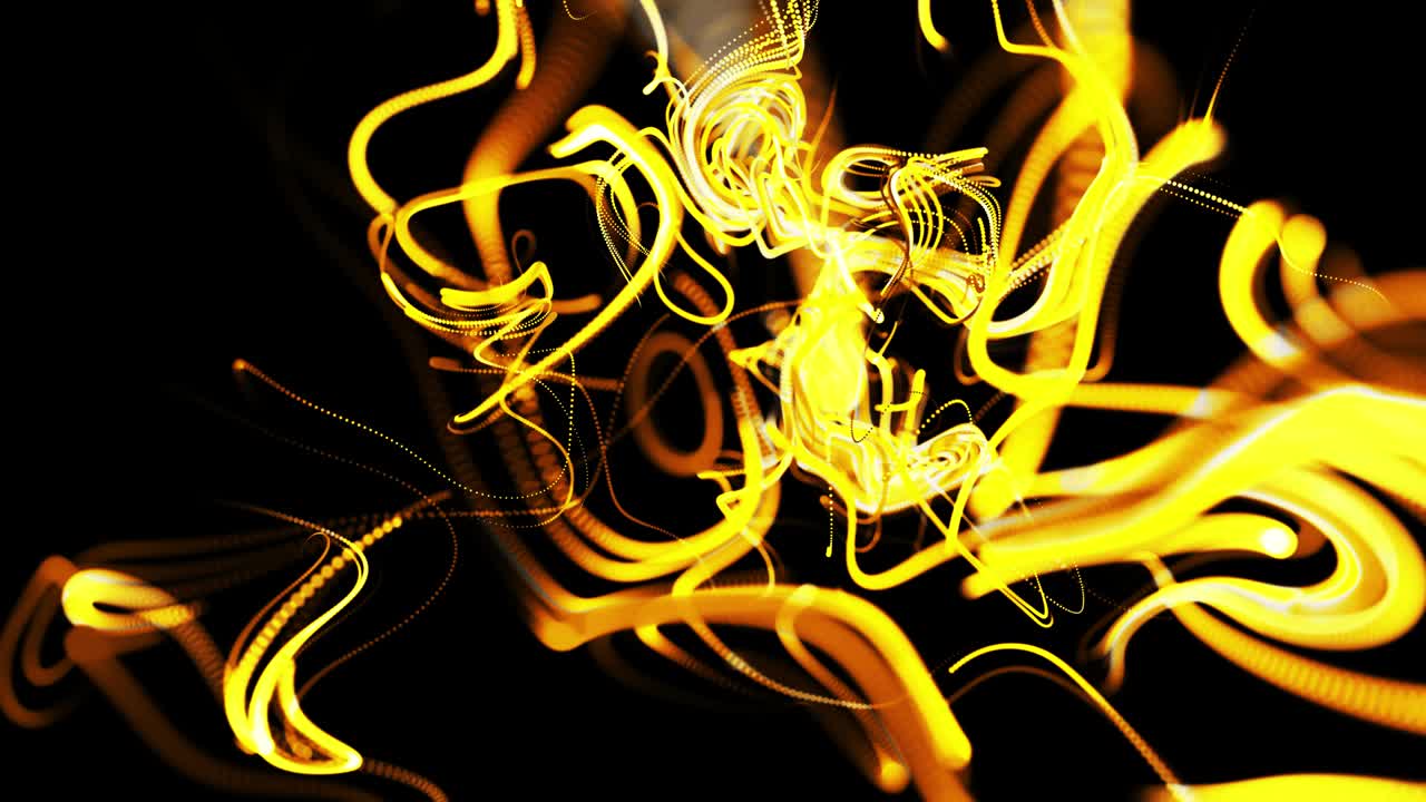 abstracto hermoso fondo de amarillo brillante flujo de líneas hechas de partículas. líneas crecen y forman abstractos hermosos rizos en el espacio. hermoso flujo de líneas de racimo en movimiento. hermosas rizos.