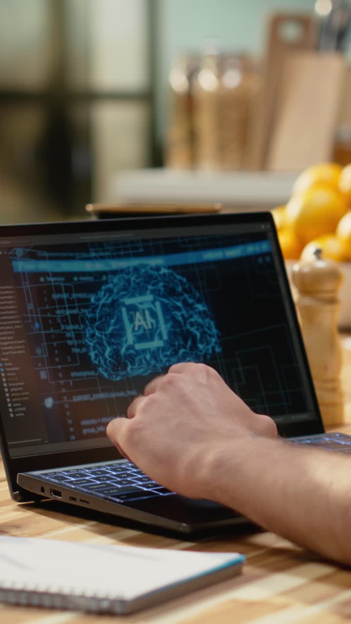 Vertical Video Male freelancer examines artificial intelligence systems with neural networks