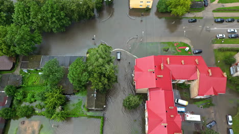 high angle aerial shot of rain flooded rural area after heavy rainfall. natural calamity.