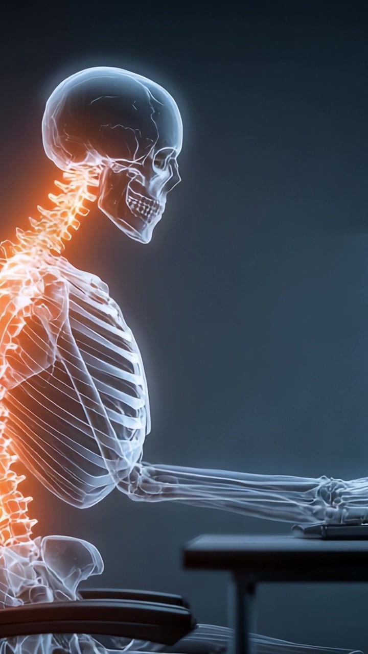 An Insightful View of a Human Skeleton Engaged in Deep Focus While Working on a Computer, Highlighting the Intricacies of the Spine and Posture during Computer Usage