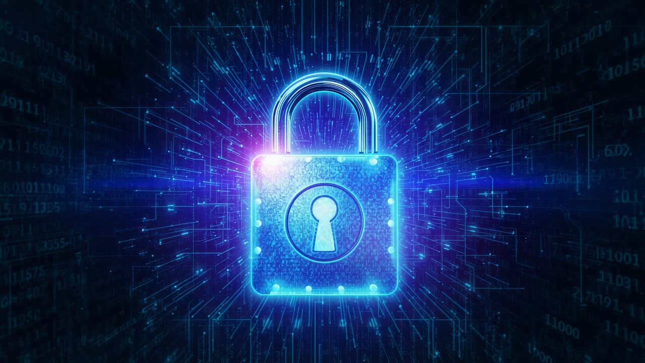 Pulsing neon padlock icon zooming in cyberspace, lens flare appearing, particles signaling security