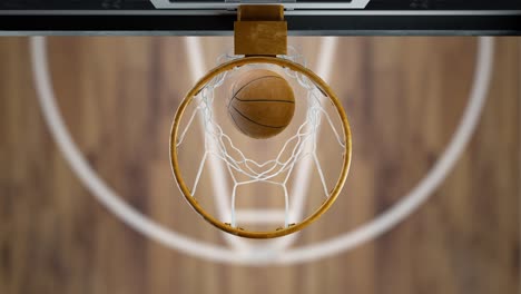 basketball ball in slow motion flies into the basket top view