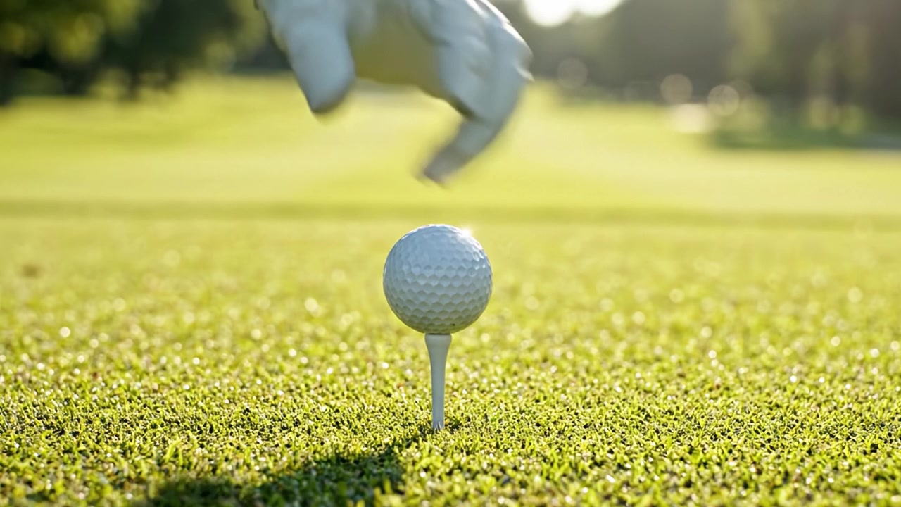 Un momento tranquillo sul campo da golf catturato in fotogrammi, concentrandosi sul tee da golf e sulla palla pronti per un imminente swing in mezzo alla lussureggiante vegetazione