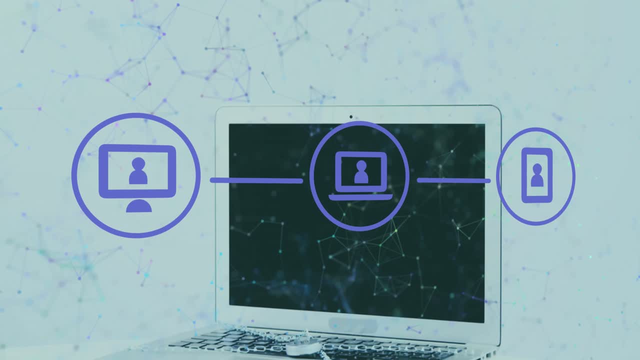 animación de la red de conexiones e iconos digitales sobre el portátil contra un fondo gris.