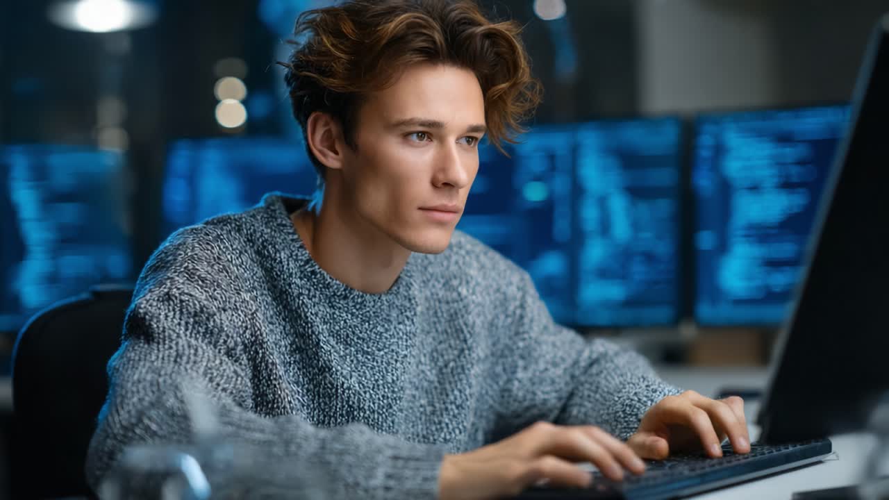 Focused young man in a cozy sweater engages with computer screens, immersed in programming and problem-solving during late-night tech work